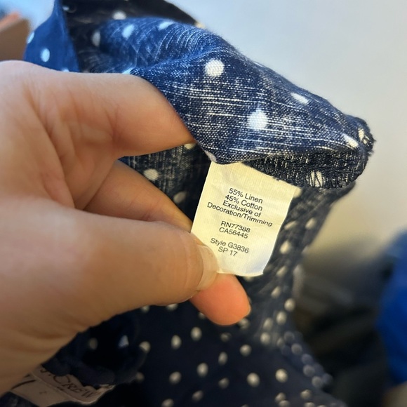 J.Crew Navy Blue Sleeveless Polka Dot Linen Blouse - Picture 4 of 5
